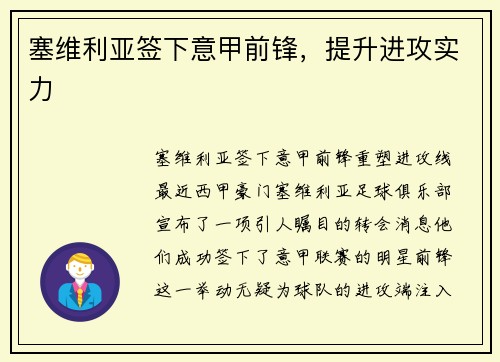 塞维利亚签下意甲前锋，提升进攻实力