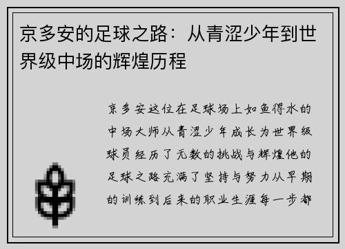 京多安的足球之路：从青涩少年到世界级中场的辉煌历程